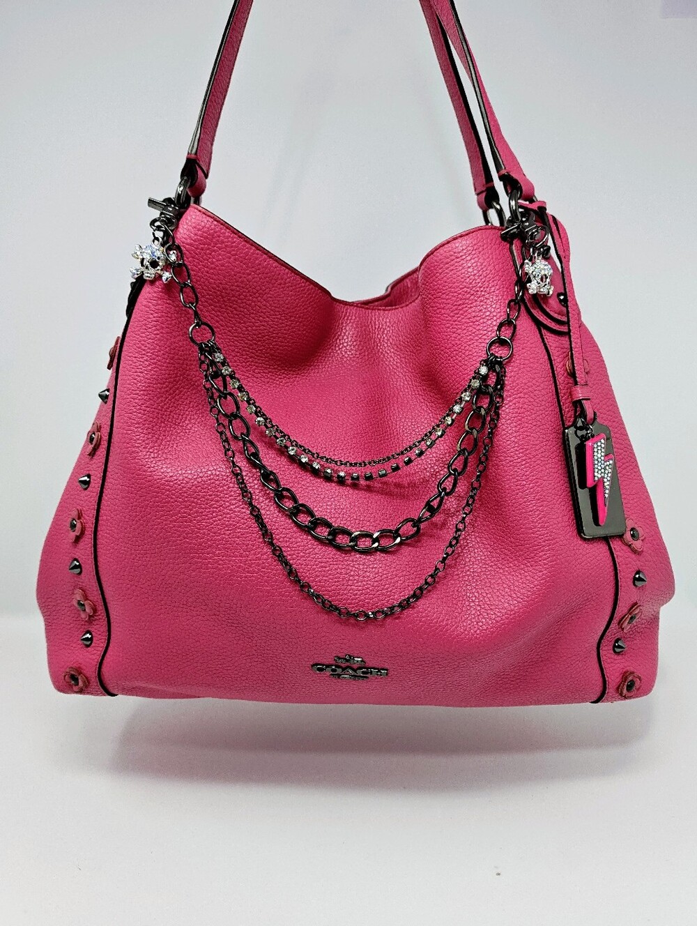 Coach Edie 31 Shoulder Bag, hot pink, tea rose rivets, customized.